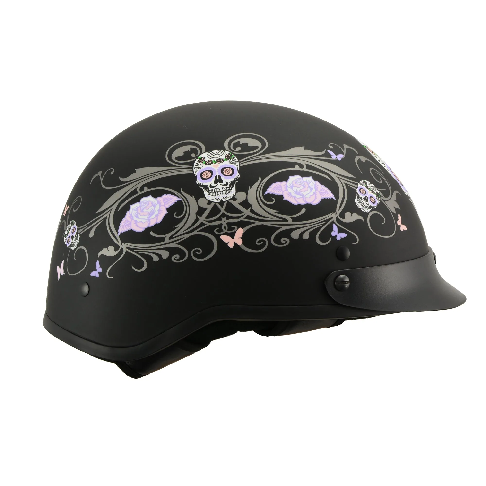 MPH DOT Helmet w/ Drop Sun Visor Sugar Skull Graphic Shiny Black