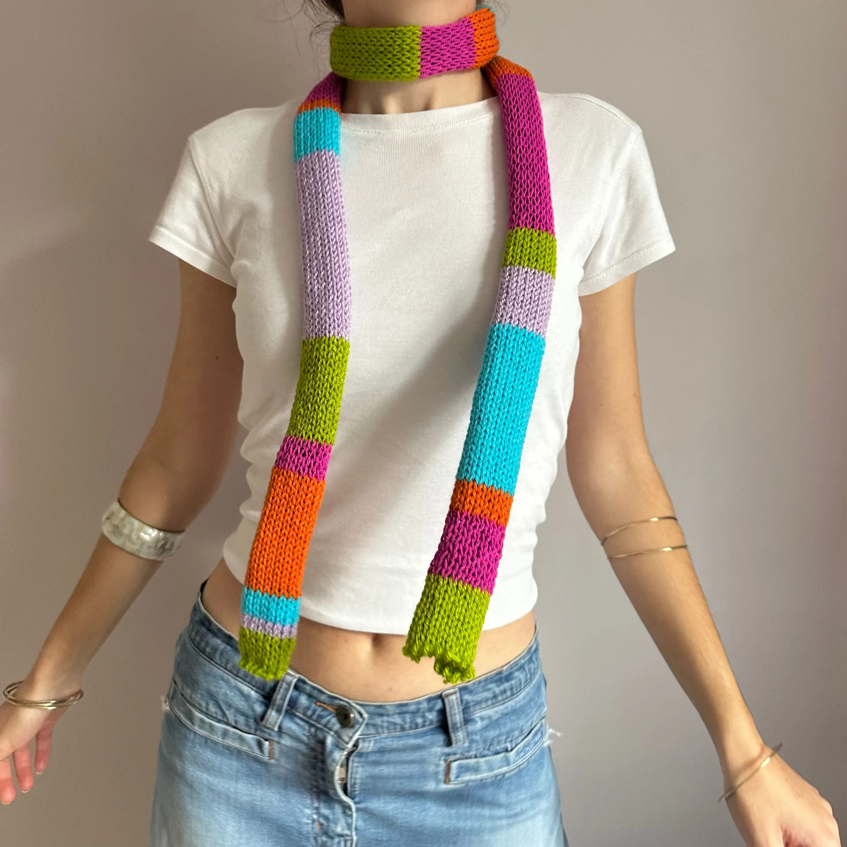 The Mariposa Scarf- handmade knitted multicoloured skinny scarf