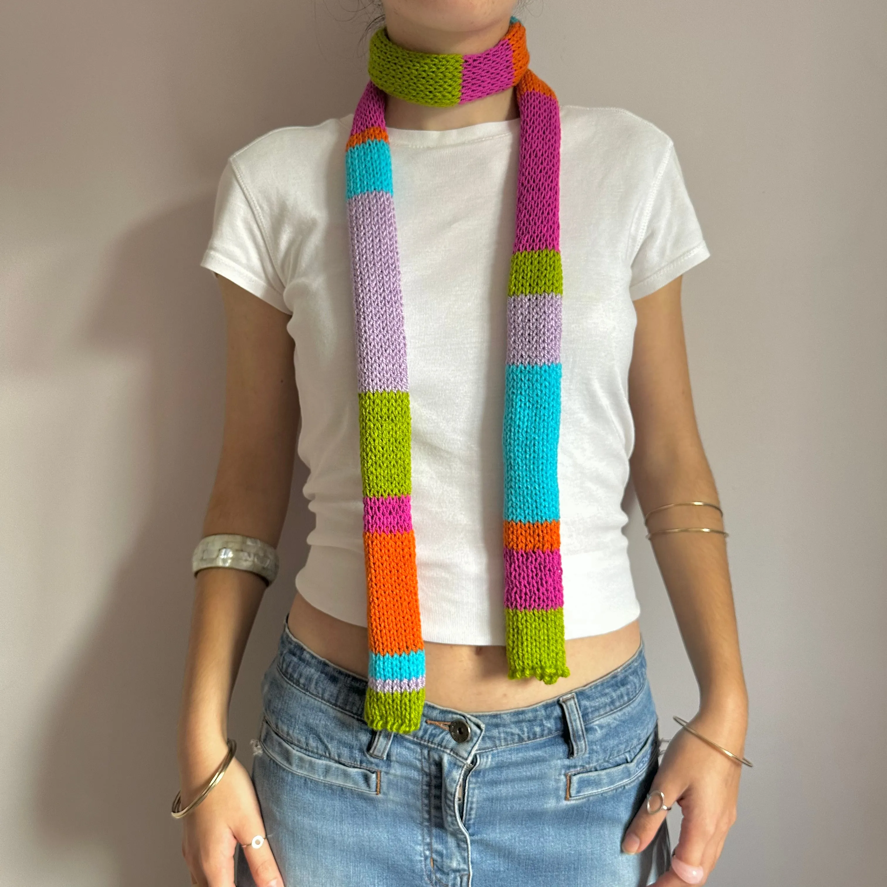 The Mariposa Scarf- handmade knitted multicoloured skinny scarf