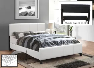 White Leatherette Platform wide Bed with Adjustable Height Headboard