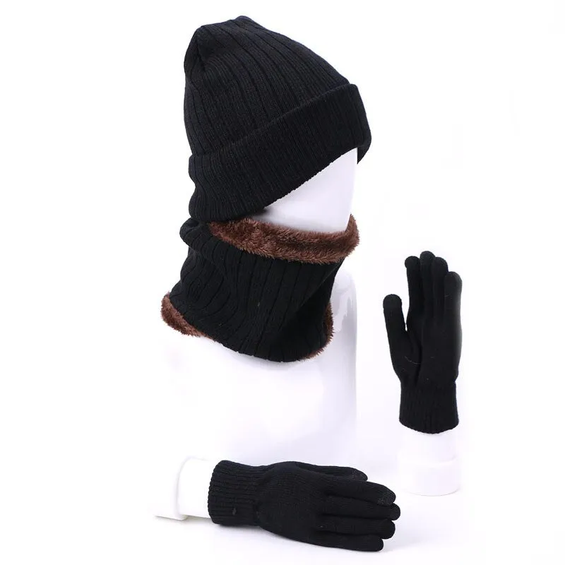 Winter Beanie Hat Scarf Gloves Three-piece Set Women Men Touch Screen Gloves Outdoor Warm Velvet Knitted Unisex Beanie Hats Sets