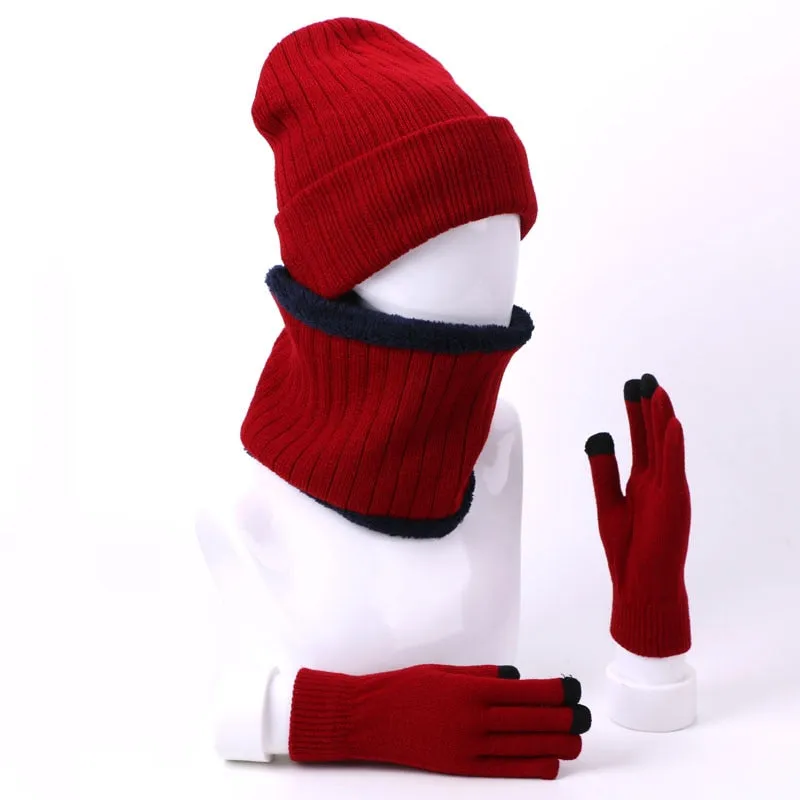 Winter Beanie Hat Scarf Gloves Three-piece Set Women Men Touch Screen Gloves Outdoor Warm Velvet Knitted Unisex Beanie Hats Sets