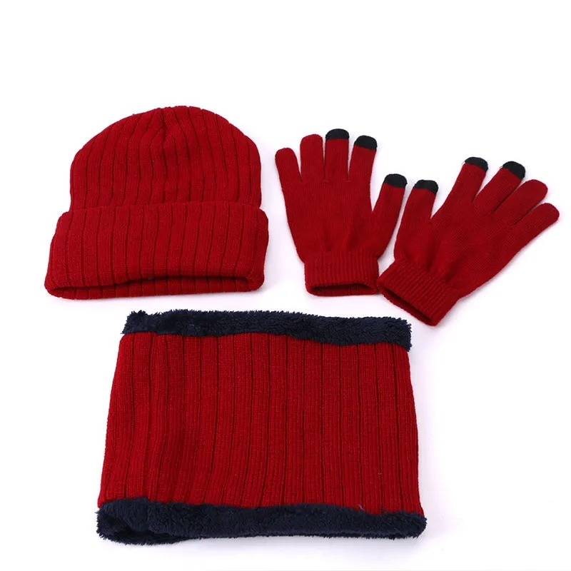 Winter Beanie Hat Scarf Gloves Three-piece Set Women Men Touch Screen Gloves Outdoor Warm Velvet Knitted Unisex Beanie Hats Sets