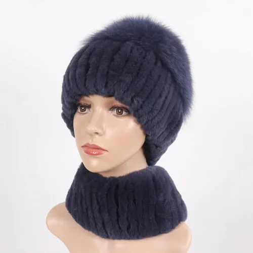 Women Winter Luxury Real Rex Rabbit Fur Hat Scarf 2 Pieces Knitted Rex Rabbit Fur Hat Top Natural Fox Fur Cap Scarves Sets