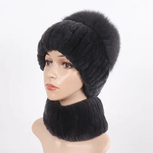 Women Winter Luxury Real Rex Rabbit Fur Hat Scarf 2 Pieces Knitted Rex Rabbit Fur Hat Top Natural Fox Fur Cap Scarves Sets